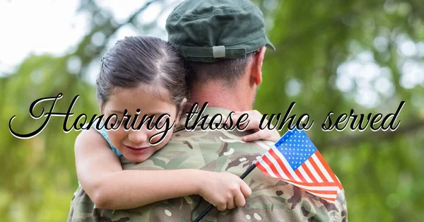 Composition Veterans Day Text Soldier His Daughter Holding American Flag — Stock Photo, Image