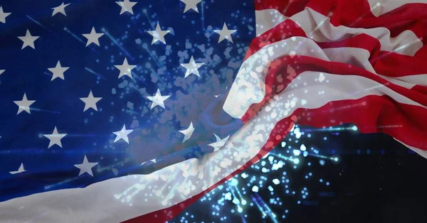 Composición Bandera Americana Ondeando Sobre Fuegos Artificiales Azules Cielo Nocturno —  Fotos de Stock