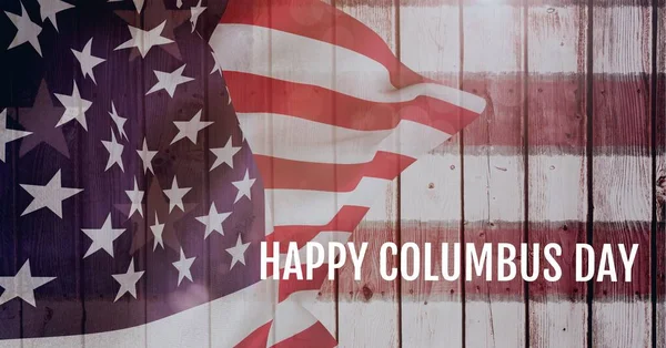Happy Columbus Dia Texto Contra Acenando Bandeira Americana Fundo Madeira — Fotografia de Stock
