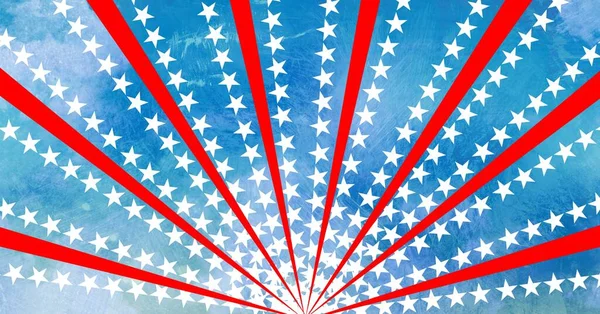 青い背景の星に対して赤の放射状のビームと光線のデジタル画像を生成しました アメリカの愛国心と独立性の背景テンプレートデザインコンセプト — ストック写真