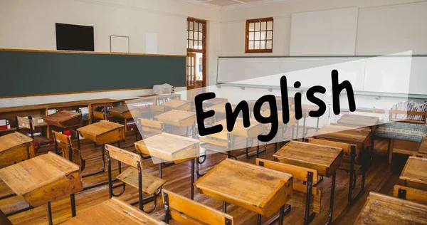 Samenstelling Van Tekst Engels Lege Stoelen Bureaus Klas School Onderwijs — Stockfoto