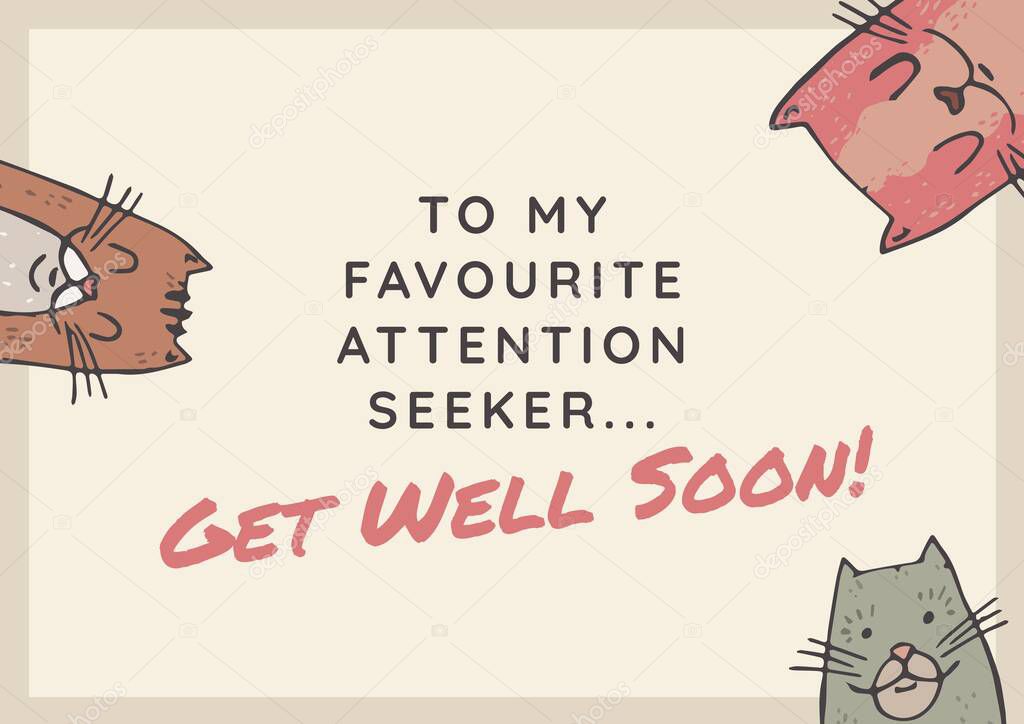 Composition of well wishes text with illustration of cats. get well wishes and communication concept digitally generated image.