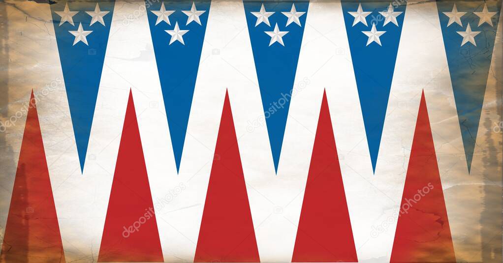 Composition of distressed american flag stars and stripes triangle pattern. united states of america patriotism and independence concept digitally generated image.
