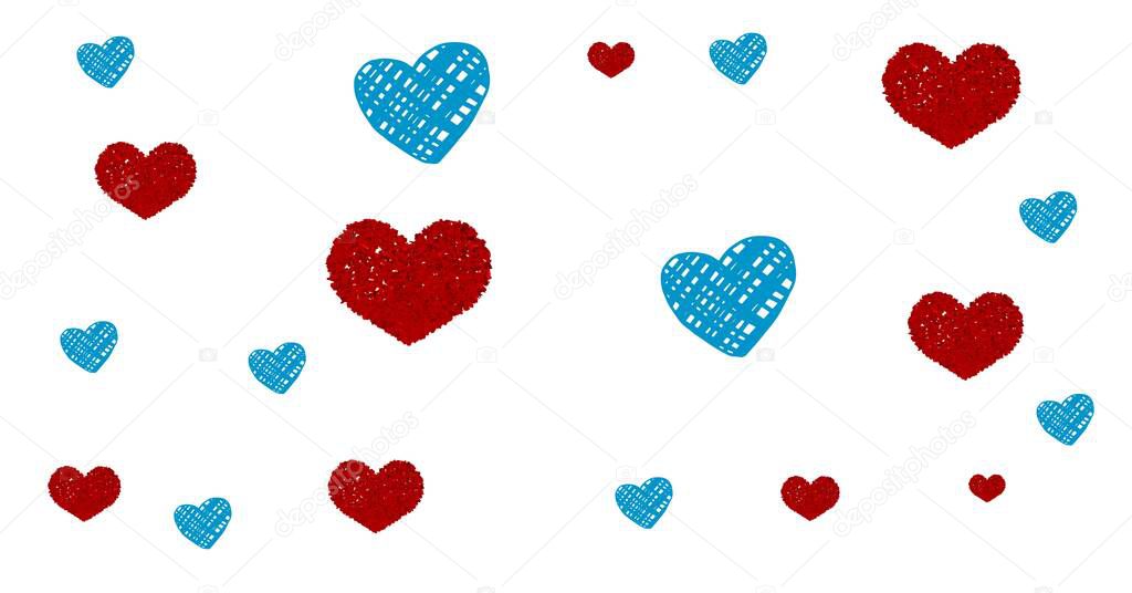 Composition of red and blue drawn hearts on white background. patriotism, independence and celebration concept digitally generated image.