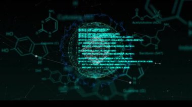 Bilimsel veri işleme ve küresinin animasyonu, siyah arkaplandaki bağlantılar ağı. küresel bilim, veri işleme, teknoloji ve dijital arayüz kavramı dijital olarak oluşturulmuş video.