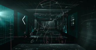 Ekranlar üzerinde veri işleme ve matematiksel denklemlerin animasyonu. küresel bilim, veri işleme, teknoloji ve bağlantı konsepti dijital olarak oluşturulmuş video.