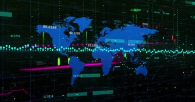 Dünya haritasında finansal veri işleme animasyonu. küresel finans, iş dünyası, bağlantılar ve dijital arayüz konsepti dijital olarak oluşturulmuş video.