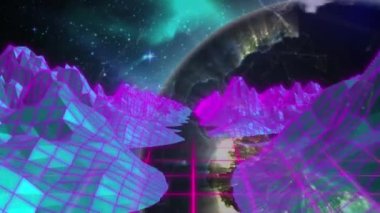 Pembe topoğrafik haritanın animasyonu ve dönen küreyle birlikte ızgara. küresel bağlantılar, teknoloji ve veri işleme kavramı dijital olarak oluşturulmuş video.