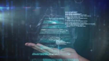 Ekranlarda ve elde veri işleme üzerinden bağlantı ağının animasyonu. küresel bağlantılar, veri işleme ve dijital arayüz konsepti dijital olarak oluşturulmuş video.