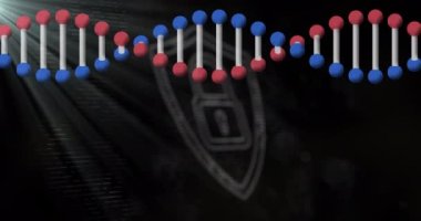 3D DNA iplikçiklerinin canlandırılması, beyaz asma kilit sembolüyle, siyah ışıklarla. küresel tıp bilimi araştırma teknolojisi, dijital veri ve güvenlik konsepti, dijital olarak üretilen video.