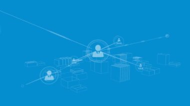 Mavi arka planda, üç boyutlu şehir manzarası üzerinde insanlarla olan bağlantı ağlarının canlandırılması. küresel mimari, bağlantılar ve ağlar konsepti dijital olarak oluşturulmuş video.