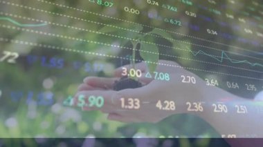 Santrali elinde tutan kişinin finansal veri işleme animasyonu. küresel finans, veri işleme, teknoloji ve dijital arayüz kavramı dijital olarak oluşturulmuş video.