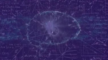 Mavi arkaplandaki insan beyni ve matematiksel denklemlerle bağlantılı ağların animasyonu. küresel bilim, araştırma, bağlantılar ve ağlar konsepti dijital olarak oluşturulmuş video.