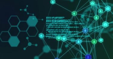 Siyah üzerine bağlı ikonlar ağıyla beyin ve araştırma veri işleme animasyonu. küresel tıbbi araştırma teknolojisi, dijital veri ve iletişim konsepti, dijital olarak oluşturulmuş video.