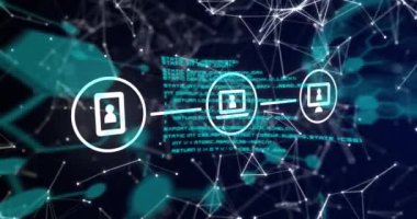 Siyah üzerine ağ ve veri işleme ile bağlı dijital iletişim medya simgelerinin animasyonu. küresel iletişim teknolojisi ve dijital veri ağı konsepti, dijital olarak oluşturulmuş video.