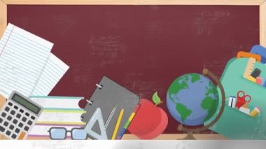 Matematiksel denklemlerin animasyonu ve kara tahtalı okul simgeleri. eğitim, bilim, öğrenme ve bilgi konsepti dijital olarak oluşturulmuş video.