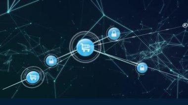 Parlayan yeşil ışık yolları üzerinden çevrimiçi alışveriş simgeleriyle bağlantı ağının animasyonu. küresel bağlantılar, teknoloji ve dijital arayüz konsepti dijital olarak oluşturulmuş video.