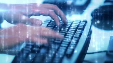 Bilgisayar klavyesinde yazan kişi üzerinden bağlantı ağlarının animasyonu. küresel bilim, ağlar, teknoloji ve bağlantılar konsepti dijital olarak oluşturulmuş video.