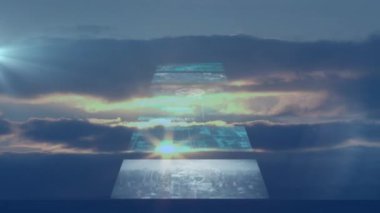 Bulutların arkaplanındaki ekranlarda istatistiksel ve finansal veri işleme animasyonu. küresel iş, finans, teknoloji ve dijital arayüz kavramı dijital olarak oluşturulmuş video.