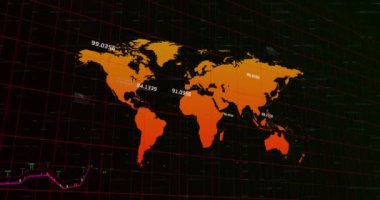 Dünya haritası ile değişen numaraların animasyonu ve veri işleme. küresel veri işleme ve dijital arayüz konsepti dijital olarak oluşturulmuş video.