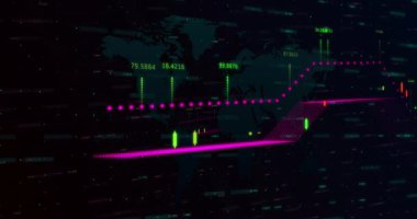 Dünya haritası ile değişen numaraların animasyonu ve veri işleme. küresel veri işleme ve dijital arayüz konsepti dijital olarak oluşturulmuş video.