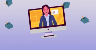 Düşen havan topları ve bilgisayar ekranındaki açık morda selam veren kadının animasyonu. okul, eğitim ve öğrenim konsepti dijital olarak oluşturulmuş video.