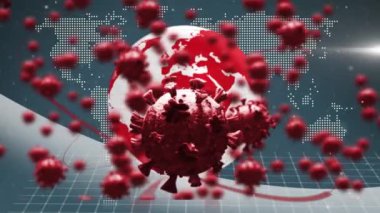 Arka planda dünya haritasında yüzen covid 19 hücrenin animasyonu. küresel koronavirüs salgını konsepti dijital olarak oluşturulmuş video.