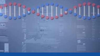 Tıbbi veri işleme üzerinde dönen DNA ipliklerinin animasyonu. küresel bilim, araştırma, teknoloji ve bağlantılar konsepti dijital olarak oluşturulmuş video.