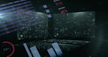 Hareket eden denklemlerin animasyonu ve arayüzdeki istatistiksel bilgi grafikleri. dijital arayüz teknolojisi, iş ve bilgi paylaşım konsepti, dijital olarak oluşturulmuş video.
