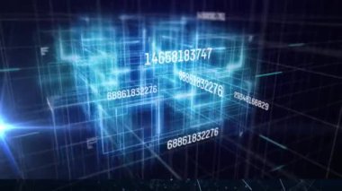 Sayıların animasyonu ve dijital ağ üzerinden veri işleme. küresel teknoloji ve dijital arayüz kavramı dijital olarak oluşturulmuş video.