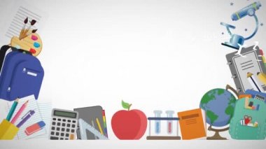Matematiksel denklemlerin animasyonu ve beyaz arkaplanda okul simgeleri. eğitim, bilim, öğrenme ve bilgi konsepti dijital olarak oluşturulmuş video.