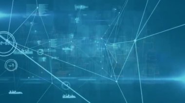 Mavi arkaplanda 3D şehir manzarası üzerindeki bağlantı ağının animasyonu. küresel mimari, bağlantılar, teknoloji ve veri işleme kavramı dijital olarak oluşturulmuş video.