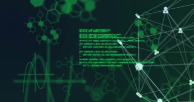 Siyah üzerine bağlı simge ağları ile bilgi ve veri işleme animasyonu. küresel araştırma teknolojisi, dijital veri ve iletişim konsepti, dijital olarak oluşturulmuş video.