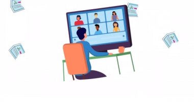Düşen ders kitaplarının animasyonu ve video konferans görüşmesi için bilgisayarı kullanan kişi, beyazın üzerinde. okul, eğitim ve öğrenim konsepti dijital olarak oluşturulmuş video.
