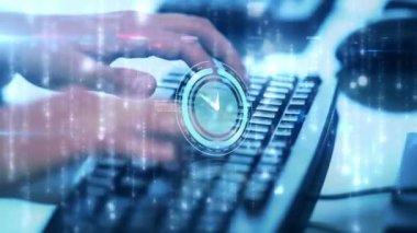 Veri işleme ve yazı yazma ile çalışan saatin animasyonu. küresel ağlar, teknoloji ve bağlantılar konsepti dijital olarak oluşturulmuş video.