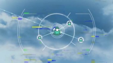 Kapsam taraması üzerinden insan simgeleriyle bağlantı ağının animasyonu. küresel ağlar, bağlantılar ve dijital arayüz konsepti dijital olarak oluşturulmuş video.