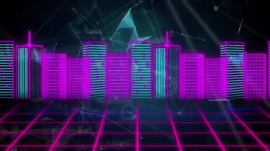 Dünya üzerindeki bağlantı ağının animasyonu ve şebeke üzerindeki 3D şehir manzarası. küresel bağlantılar, teknoloji ve veri işleme kavramı dijital olarak oluşturulmuş video.