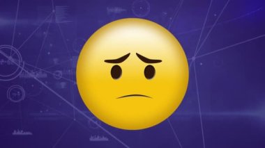 Veri işleme ağıyla bağlantılı üzgün emoji simgesinin animasyonu. küresel bağlantılar, dijital arayüz ve teknoloji konsepti dijital olarak oluşturulmuş video.