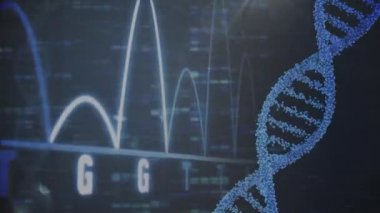 DNA iplikçiklerinin dönmesi ve veri işleme animasyonu. küresel bilim, araştırma bağlantıları ve dijital arayüz konsepti dijital olarak oluşturulmuş video.