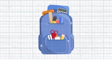 Matematiksel denklemlerin animasyonu ve beyaz arka planda okul sırt çantası ikonu. eğitim, bilim, öğrenme ve bilgi konsepti dijital olarak oluşturulmuş video.