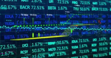 Finansal veri işleme ve istatistik kaydının animasyonu. küresel iş, finans, bağlantılar ve dijital arayüz konsepti dijital olarak oluşturulmuş video.