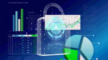 Çevrimiçi güvenlik kilidi ve veri işleme animasyonu ekranda. Dijital arayüz ve ağlar konsepti dijital olarak oluşturuldu.