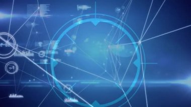 Mavi üzerinde bağlantı ağı ve bilgi işleme ağı ile dairesel kapsamın animasyonu. küresel iletişim teknolojisi, iş ve bilgi paylaşım kavramı, dijital olarak oluşturuldu