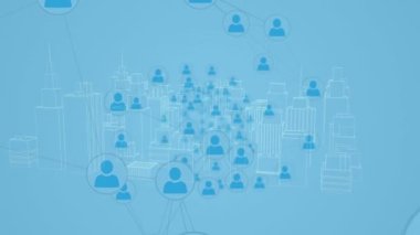Mavi arkaplandaki üç boyutlu şehir manzarası üzerinde insanlarla bağlantı ağının canlandırılması. küresel mimari, bağlantılar, teknoloji ve veri işleme kavramı dijital olarak oluşturulmuş video.