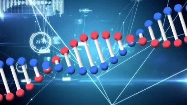 Veri işleme ve bağlantı ağıyla dönen DNA iplikçiklerinin animasyonu. küresel bilim, ağlar, teknoloji ve bağlantılar konsepti dijital olarak oluşturulmuş video.