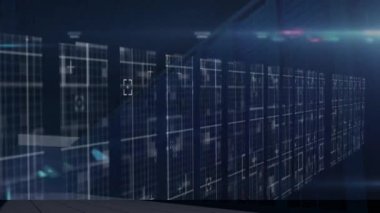 Dijital ekranlarla koridorda veri işleme animasyonu. küresel hesaplama, veri işleme, teknoloji ve bağlantı konsepti dijital olarak oluşturulmuş video.