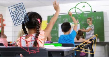 Okul simgelerinin sınıftaki okul çocukları üzerinde canlandırılması. eğitim, öğrenme ve bilgi konsepti dijital olarak oluşturulmuş video.