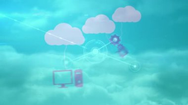 Veri işleme üzerinde bulut ve simgelerle bağlantı ağının animasyonu. küresel teknoloji ve ağ konsepti dijital olarak oluşturulmuş video.