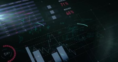 Ekranlardaki istatistik ve veri işleme animasyonları. küresel veri işleme, ağlar, bağlantılar ve dijital arayüz konsepti dijital olarak oluşturulmuş video.