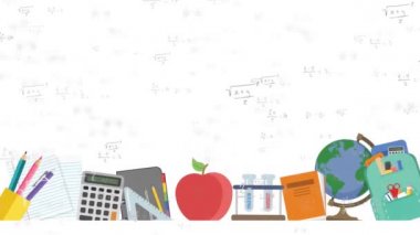 Matematiksel denklemlerin animasyonu ve beyaz arkaplanda okul simgeleri. eğitim, bilim, öğrenme ve bilgi konsepti dijital olarak oluşturulmuş video.